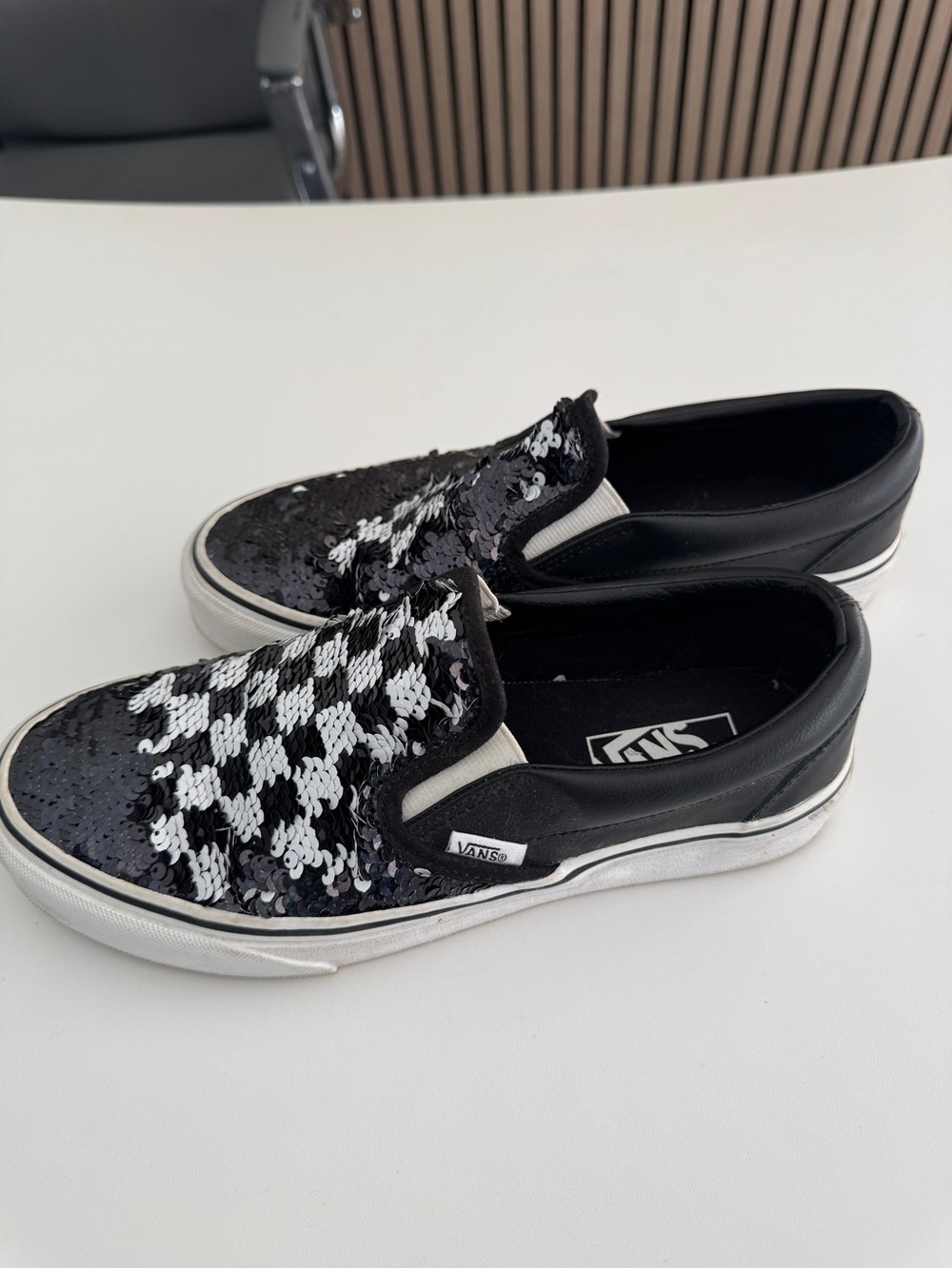 Vans Black & White Sequin Checkerboard Slip-On Sneakers